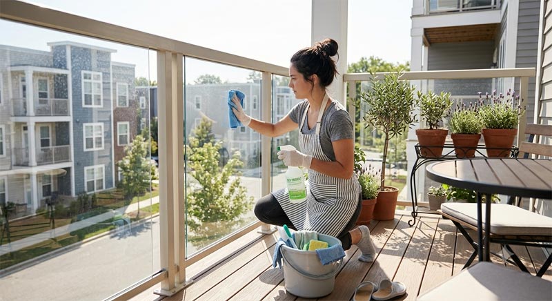 Balcony sliding doors and glass cleaned in an apartment