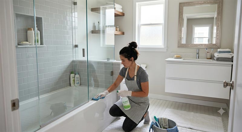 Cleaner with sanitising supplies for apartment bathroom cleaning