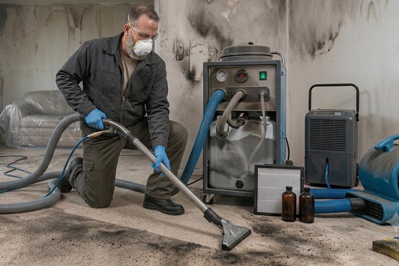 Soot and smoke residue being cleaned from a wall after fire damage