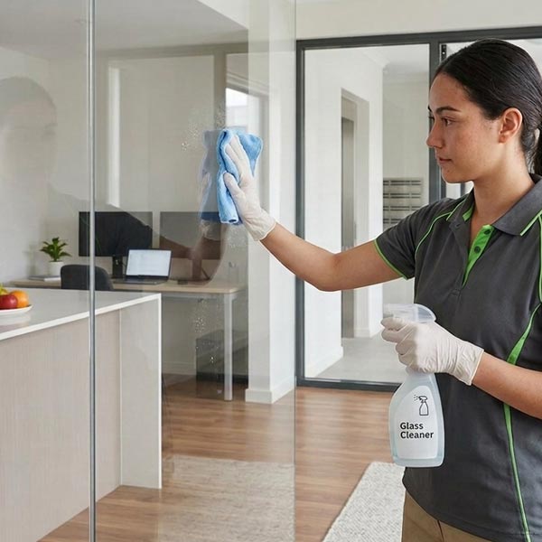 Cleaning team working through an office and meeting room