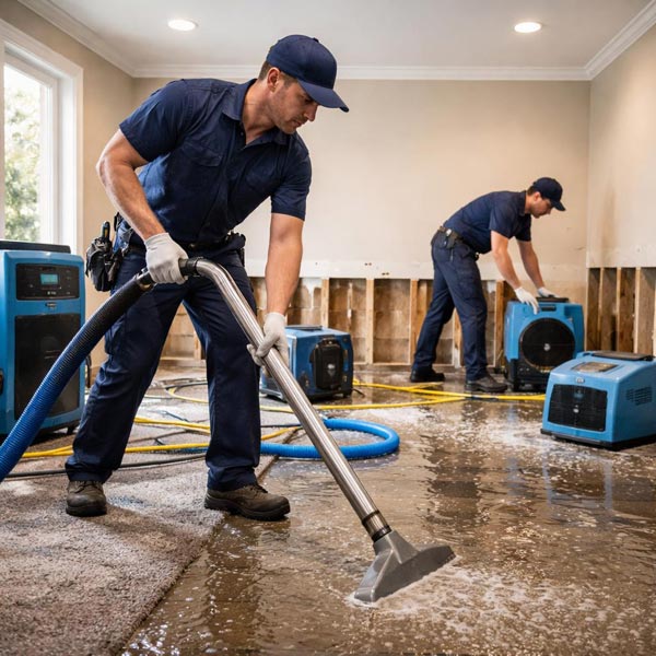 Cleaner drying and sanitising a water-damaged floor for an insurance claim
