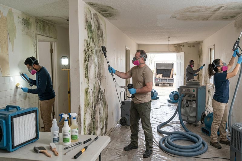 Mould treatment being applied to a damp wall during an insurance clean