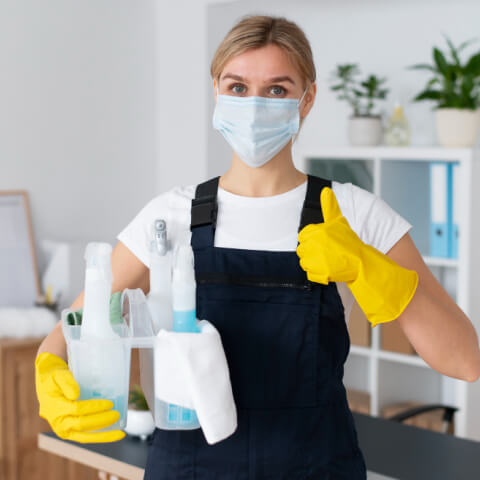 Cleaner with sanitising supplies for bathroom detailing
