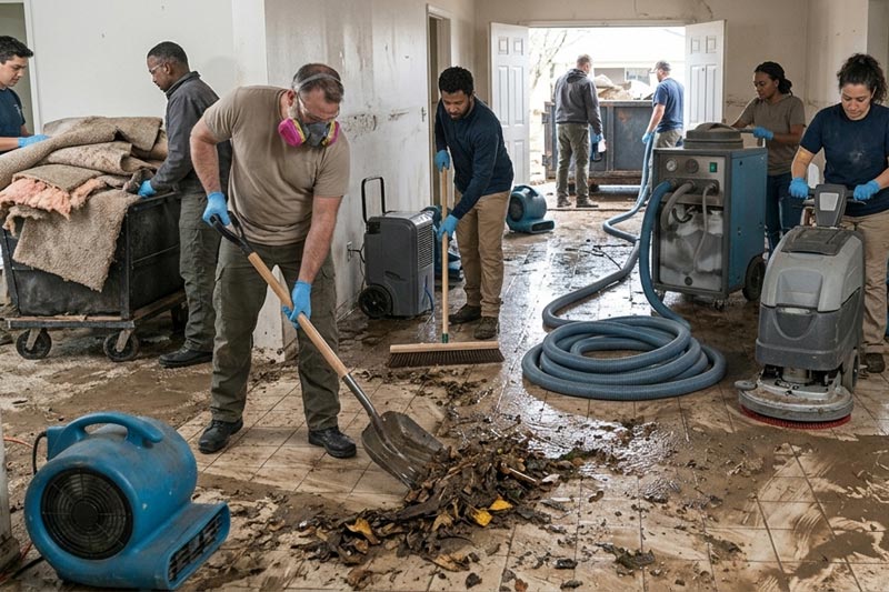 Storm debris and flood water residue being cleared from a Sydney home